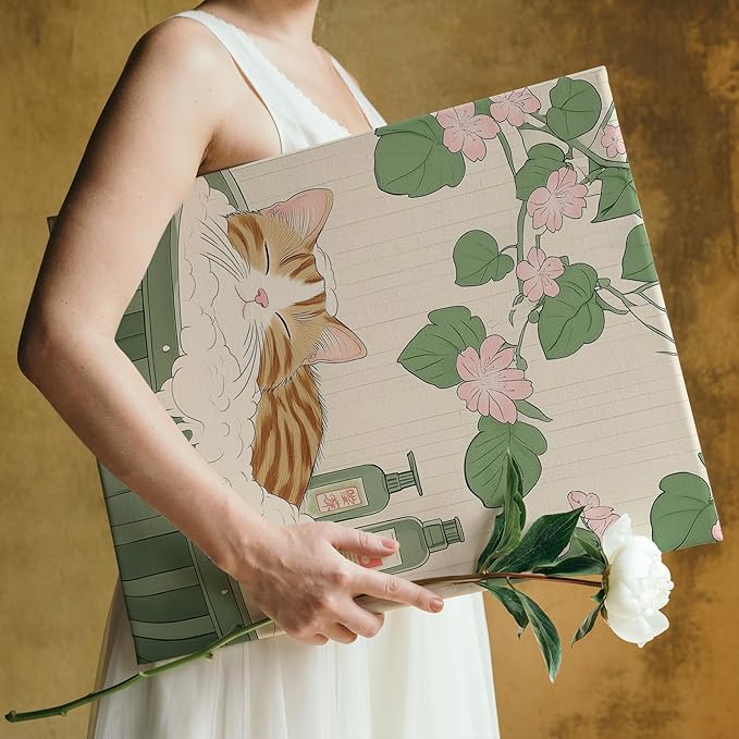 FITIE Funny Orange Tabby Cat Bathroom Canvas Wall Art Poster, Vintage Japanese Aesthetic Floral Cat Framed Artwork Prints Wall Decor for Bathroom Half Bath Washroom, 11x14 Inch