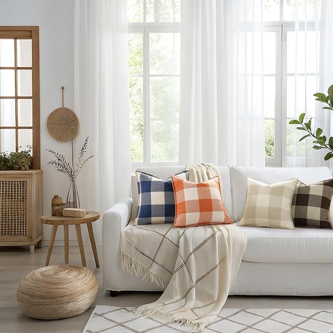 decorUhome Buffalo Plaid Check Throw Pillow Covers 20x20 Set of 2, Outdoor Linen Decorative Farmhouse Gingham Pillow Covers with Stitched Edge for Bed Couch Sofa, Brown and Beige