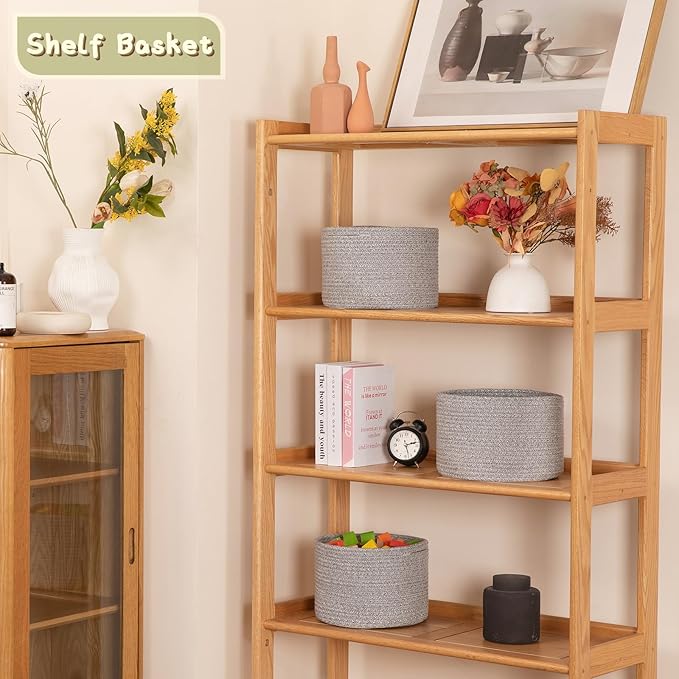 OIAHOMY Small Storage Baskets for Organizing,Closet Cube Shelf Storage, 9.8”×9.8”×7.1”, Woven Cotton Rope Gift Baskets for Nursery,Cute Dog Toy bins, Round 3 Packs, Grey