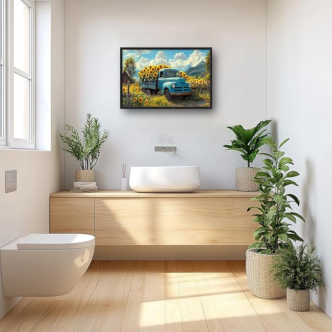 Olivine Large Wall Art, Sunflower Pictures Wall Decor, Farmhouse Sunflower Painting, Sunflowers Truck Canvas Prints, Framed Artwork for Living Room Bedroom Bathroom Office Home Decoration 36"x24"