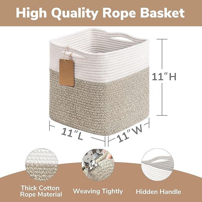 INDRESSME 11x11 Cube Storage Bins, 3-Pack Rope Woven Baskets for Organizing Storage Baskets for Shelves Gift Organization Empty Square Toy Bins for Classroom, Nursery Closet, White & Brown