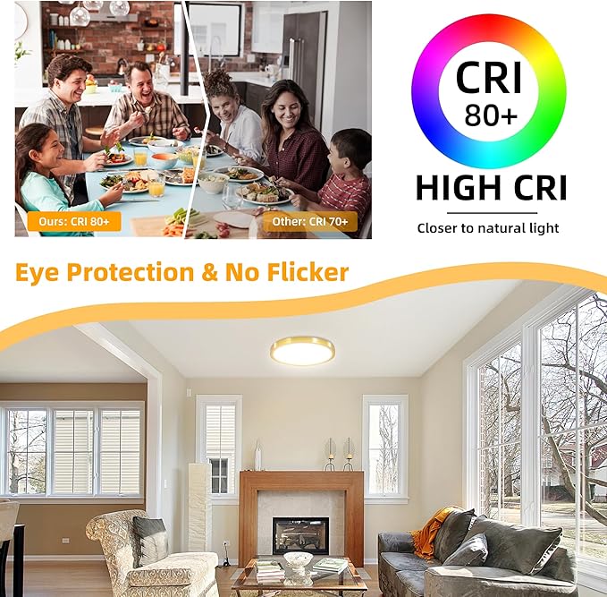 Hlite 6pack 12 inch Flush Mount LED Ceiling Light Fixture,24W 2400LM Super Slim Light Fixtures Ceiling Mount 3000K/4000K/5000K 3CCT Selectable,Ceiling Light Fixtures for Kitchen,Bedroom (Gold)