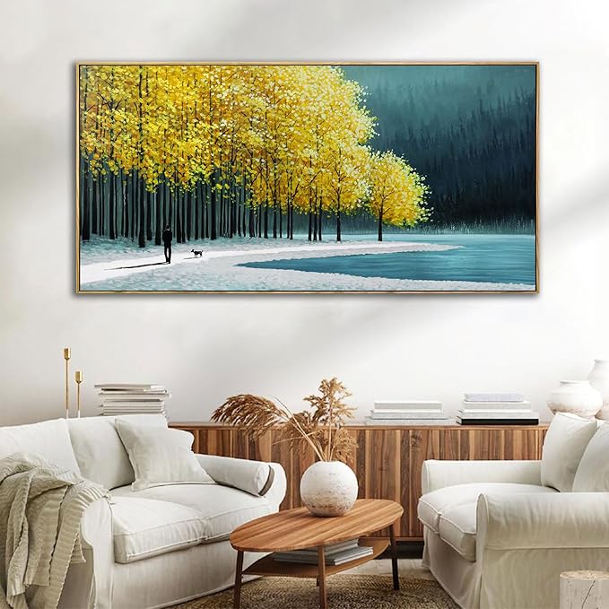 KLAKLA Large Wall Art - Yellow Bedroom Birch Tree Valley Snowy Forest Wild Lakes Landscape Canvas Pictures Wall Decoration for Living Room Office Home Decor - 58x29 Inches