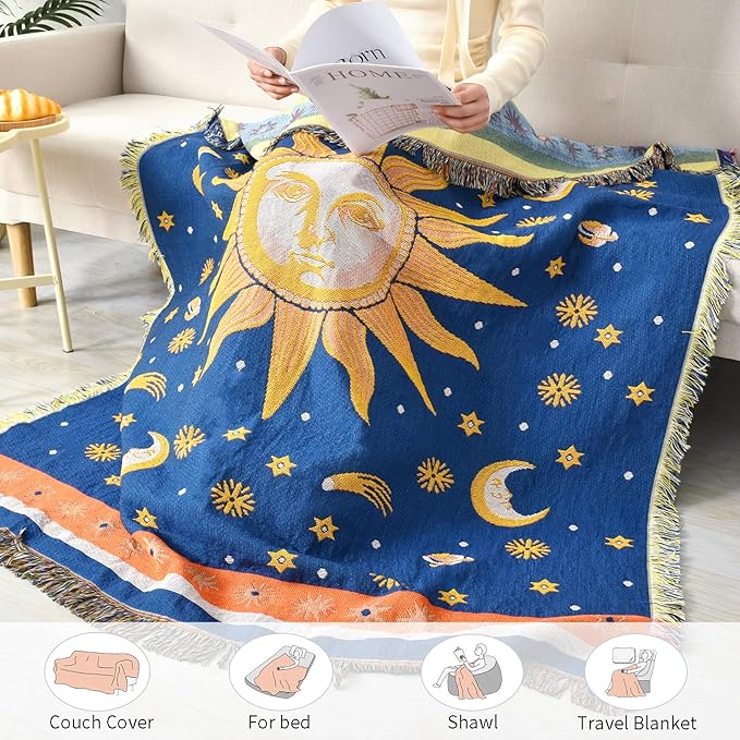 Boho Throw Blanket Reversible Cotton Bohemian Tapestry Hippie Room Decor Outdoor Blanket Double Sided (Boho Sun Blue 50"x60")