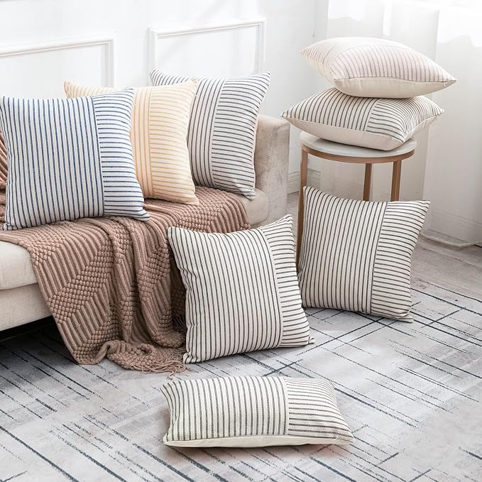 Farmhouse Pillow Covers 12x20, Modern Accent Lumbar Throw Pillow Covers Set of 2, Grey and Beige Striped Patchwork Linen Decorative Pillows Cushion Covers for Couch Chair Bedroom Fall Decorations