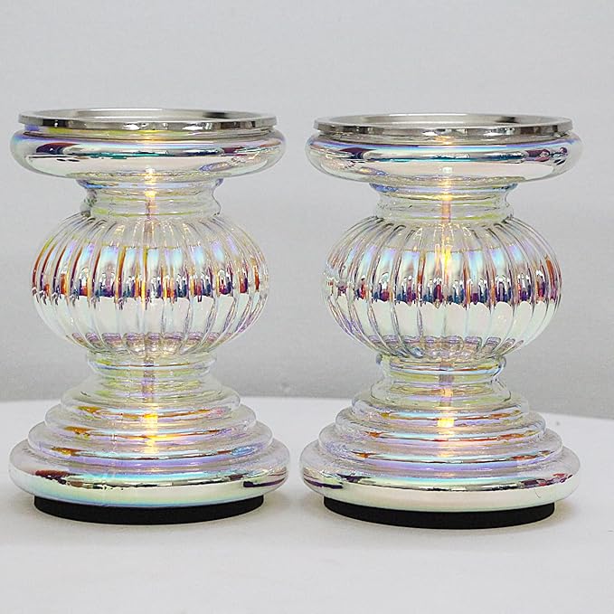 Mercury Glass Pillar Candle Pedestal Holders with Lights Set of 2,Candle Holder for Pillar Candle,Candlestick Holders,Perfect Decoration for Wedding Home Dining Table Xmas (Colorful)