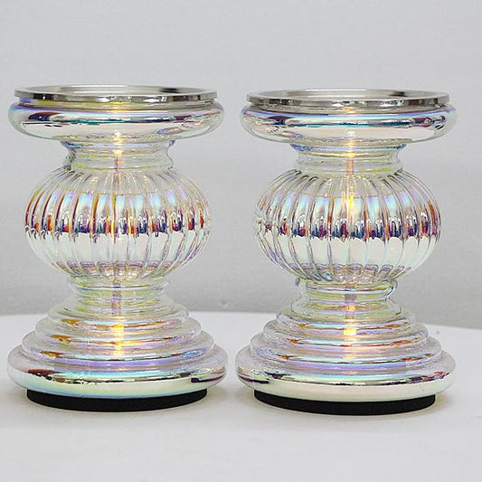Mercury Glass Pillar Candle Pedestal Holders with Lights Set of 2,Candle Holder for Pillar Candle,Candlestick Holders,Perfect Decoration for Wedding Home Dining Table Xmas (Colorful)