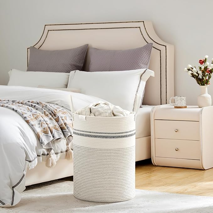 VIPOSCO Tall Laundry Basket, Large Dirty Clothes Hamper with Leather Handle, Woven Rope Storage Basket for Blanket, Toy In Living Room, Bathroom, Bedroom - 58L Stripe White