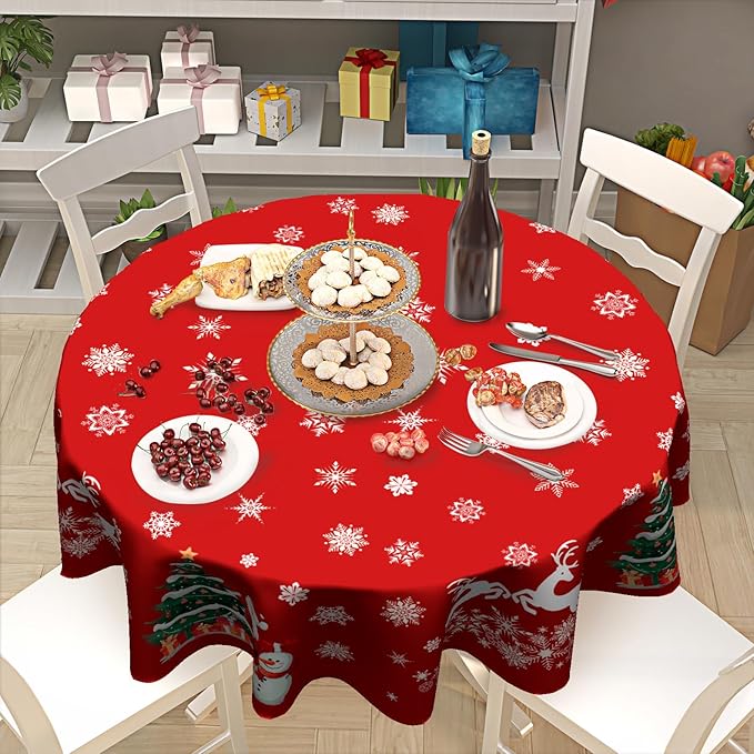 Kawani Christmas Tablecloth Round 60 Inch Xtmas Trees Snowman Decorative Table Cloth Deer Snowflake Winter Round Table Cover Seasonal for Home Kitchen Dining Party Indoor Outdoor Decor