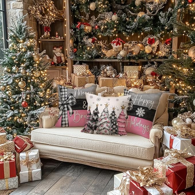 GEEORY Christmas Throw Pillow Covers 18 x 18 Inch Set of 4, Xmas Trees Merry and Bright Happy Holidays Farmhouse Decorative Cushion Cases for Home Decoration G596-18