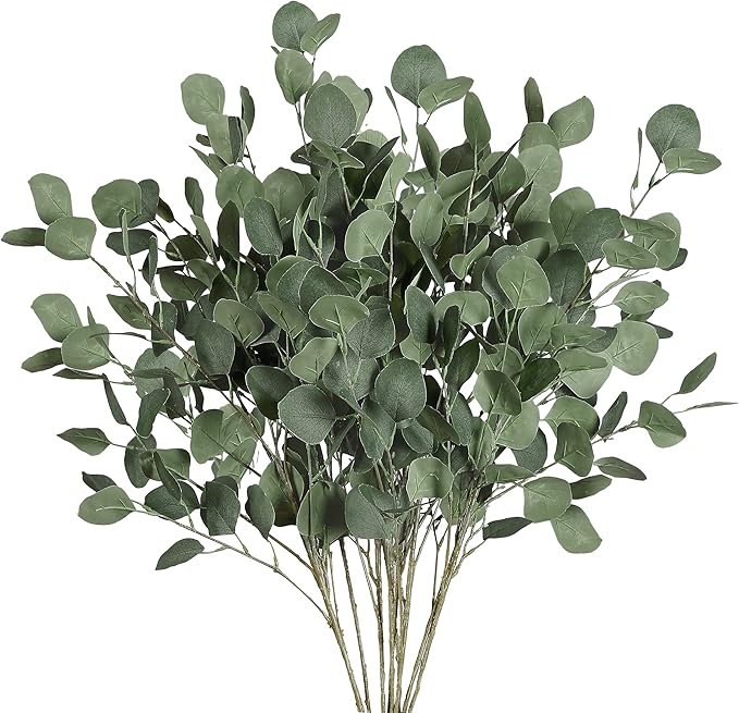 Sggvecsy 6 Pcs Eucalyptus Leaves Artificial Eucalyptus Stems Long Silver Dollar Leaves Faux Leaf Branches Fake Silk Eucalyptus for Spring Summer Home Festival Thanksgiving Christmas Decor (Green)