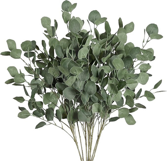 Sggvecsy 6 Pcs Eucalyptus Leaves Artificial Eucalyptus Stems Long Silver Dollar Leaves Faux Leaf Branches Fake Silk Eucalyptus for Spring Summer Home Festival Thanksgiving Christmas Decor (Green)