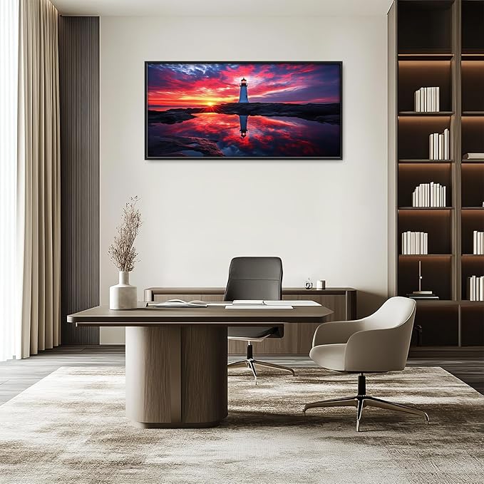 Olivine Lighthouse Wall Art, Nautical Coastal Pictures Wall Decor, Beach Sunset Paintings, Ocean Canvas Prints, Framed Artwork for Bathroom Bedroom Living Room Office Home Decoration 60"x30"