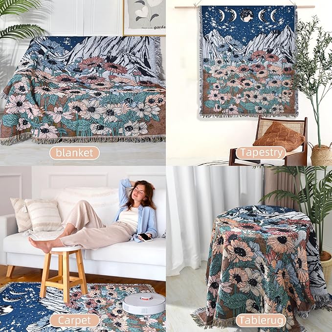 Boho Throw Blanket Reversible Cotton Bohemian Tapestry Hippie Room Decor Double Sided (Boho Flower Dark 50"x60")
