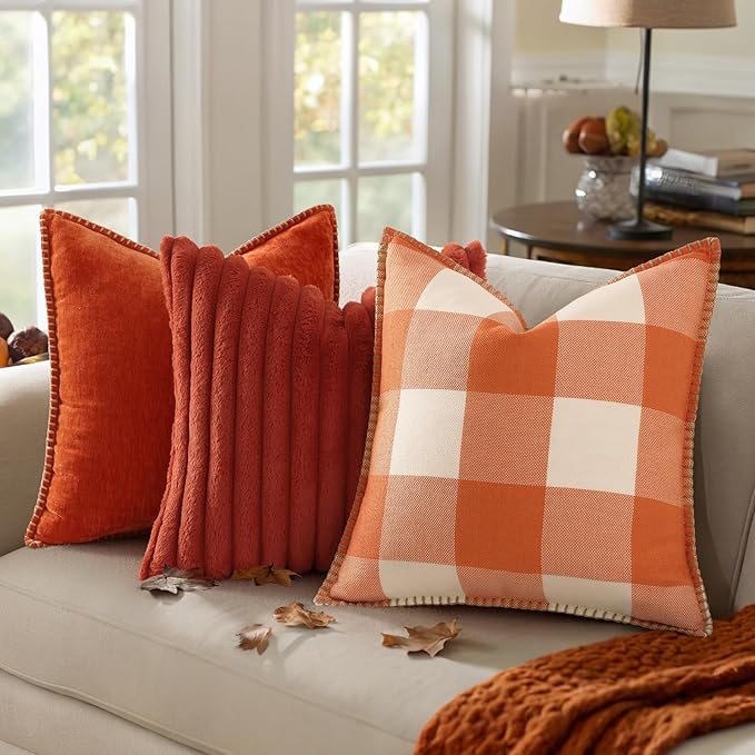decorUhome Farmhouse Gingham Buffalo Plaid Check Throw Pillow Covers 22x22 Set of 2, Outdoor Fall Linen Decorative Pillow Covers with Stitched Edge for Bed Couch Sofa, Orange and White