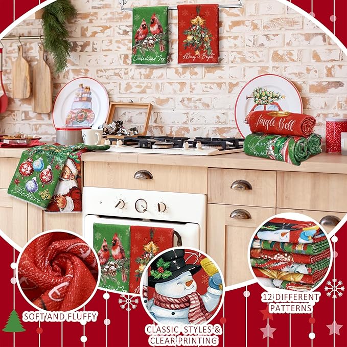 12 Pcs Christmas Kitchen Towels and Dishcloths Absorbent Christmas Tree Reindeer Truck Hand Dish Towels Decoration for Xmas Home Gift Supplies, 14.2 x 21.3 Inch (Exquisite Style)