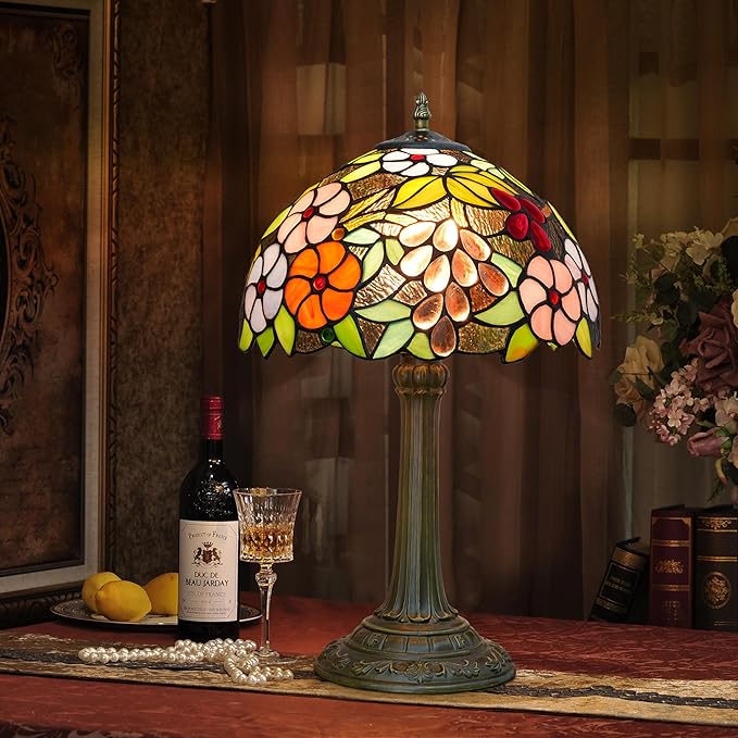 Tiffany Style Stained Glass Table Lamp 12-Inch Purple Grape Flower Reading Bedside Lamp Suitable for Study Living Room Bedroom Coffee Shop Retro Table Lamp Home Decoration Art