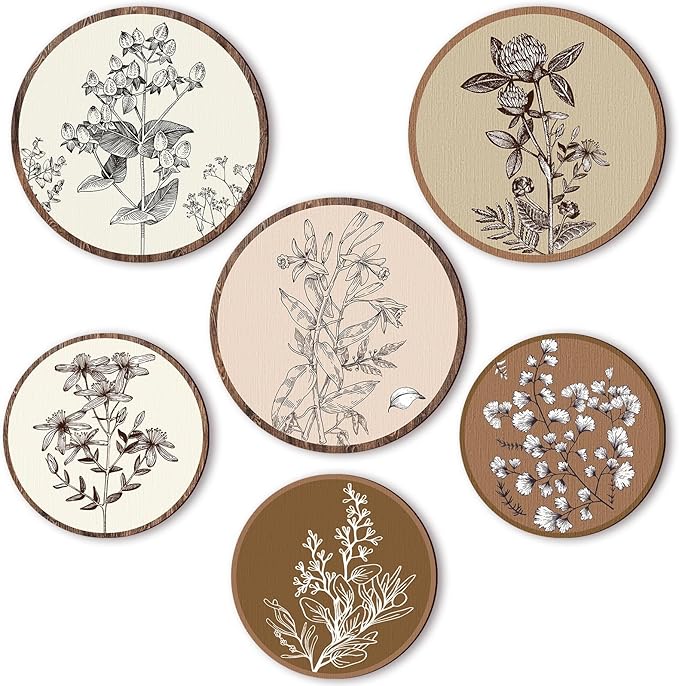 Barydat 6 Pieces Boho Plant Wall Art Decor Wooden Boho Farmhouse Rustic Bohemian Wall Hanging for Bedroom Living Room Office(Vivid Round,8 Inch, 10 Inch)