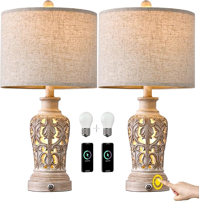 OYEARS 21.75’’Touch Control 3-Way Dimmable Table Lamp Set of 2, Retro Farmhouse Lamp with USB A+C Port, Vintage Nightlight Lamp for Living Room Bedroom Office, (Including 2 Bulbs)