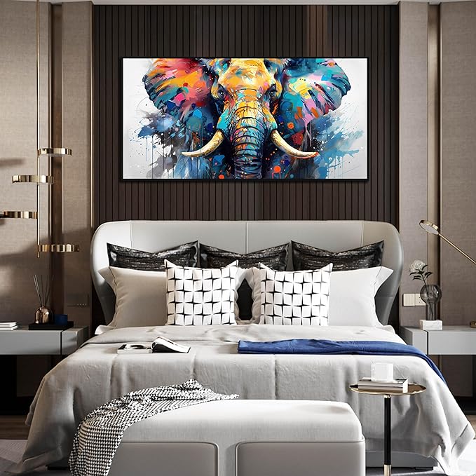 ZHAOSHOP Elephant Wall Art for Living Room - Blue Canvas Wall Art for Office - Teen Bedroom Decor Boys with Black Framed Size 24" x 48"