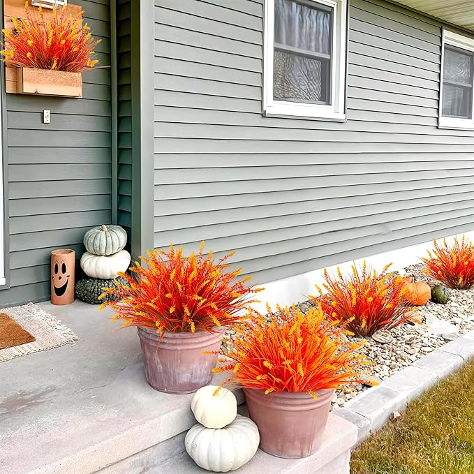 Artificial Fall Outdoor Faux Plants Decoration, 12 Bundles Fake Monkey Grass for Autumn Indoor Decor, Fall Lavender Flower Shrubs UV Resistant Bush Planter No Fade for Garden Porch Balcony(Mix)