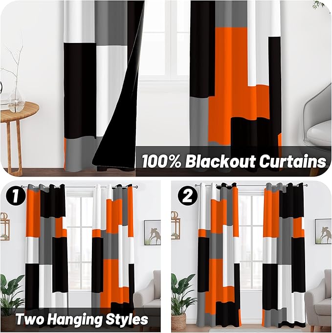 Orange 100% Blackout Curtains for Bedroom 72 inch Length 2 Panels Set White Grey Modern Abstract Geometric Black Out Curtains Insulated Room Darkening Window Drapes for Living Room, 52Wx72L