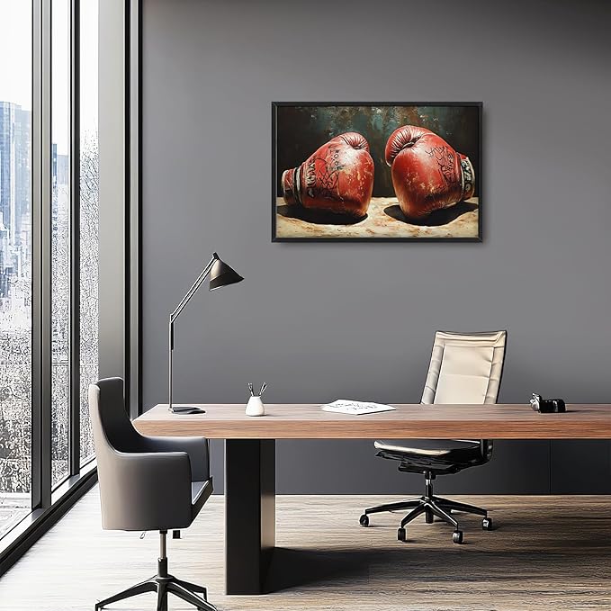 Olivine Sports Wall Art, Boxing Wall Decor, Vintage Boxing Gloves Painting, Graffiti Canvas Prints, Framed Artwork for Bathroom Bedroom Living Room Office Home Decoration 36"x24"