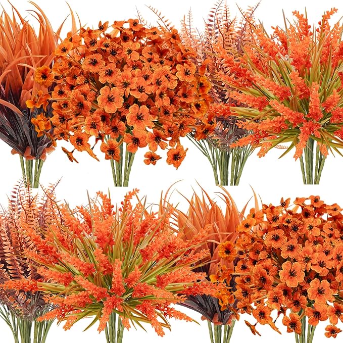 Faux Fall Flowers Outdoor, 16Pcs Artificial Fall Flowers UV Resistant Autumn Plastic Flowers Plants Fall Greenery Shrubs for Outside Porch Patio Garden House Thanksgiving Decor