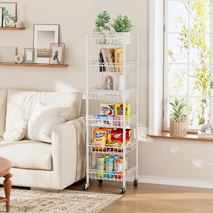 6 Shelves Storage Shelf Wire Closet Bathroom Organizers Metal Pantry Kitchen Garage Shelving Unit Laundry Room Organization Home Rack Net Basket White with Wheels 14" Dx14 Wx64.8 H