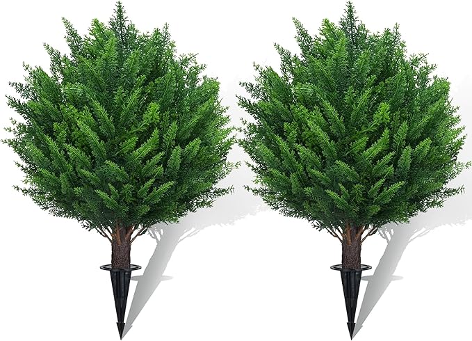 21" Artificial Cedar Topiary Ball Trees with Ground Spike Set of 2 - UV Resistant Faux Shrubs & Bushes Potted Plants for Outdoor Indoor Front Porch Garden
