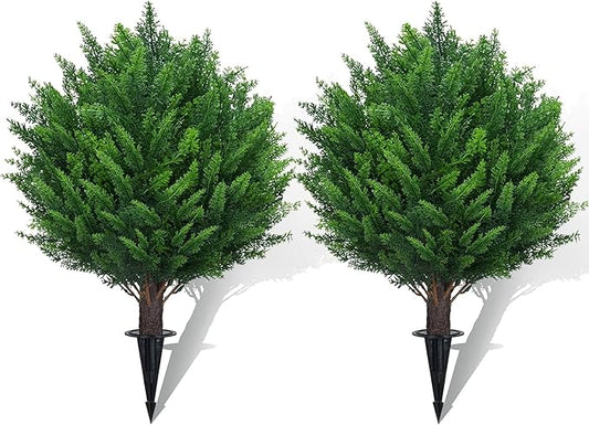 21" Artificial Cedar Topiary Ball Trees with Ground Spike Set of 2 - UV Resistant Faux Shrubs & Bushes Potted Plants for Outdoor Indoor Front Porch Garden
