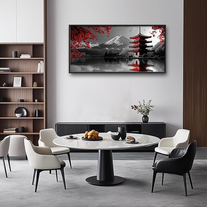 Olivine Japan Large Wall Art, Black And White Pictures Wall Decor, Landscape Paintings, Mountain Canvas Prints, Framed Artwork for Dining Room Bedroom Living Room Office Bathroom 60"x30"