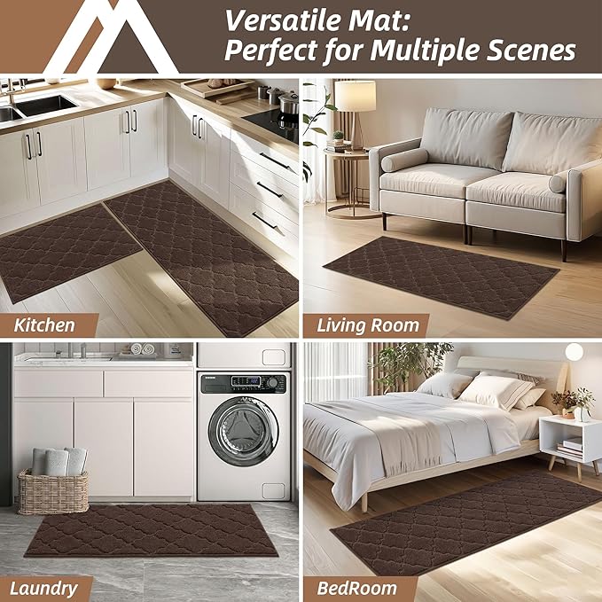 COSY HOMEER-Kitchen-Rugs-Non-Slip-Washable 24"x60" Absorbent Kitchen Runner Rug Polyester Kitchen Mats for Floor Soft Standing Floor Mats for Sink Mat,Hallway,Laundry,Brown