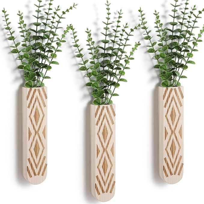 3 Pack Wood Wall Planter, Boho Wall Art for Entryway and Bathroom Decor, Modern Farmhouse Decor, Wall Decor Vase for Holding Fake Plants and Dried Flowers