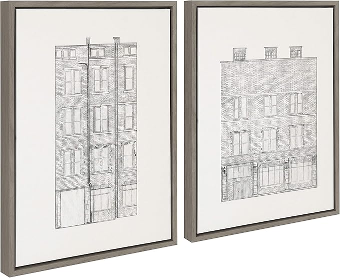 Kate and Laurel Sylvie Brick Building Façade Framed Canvas Wall Art by Viola Kreczmer, Set of 2, 18x24 Gray, Boho Chic Wall Decor