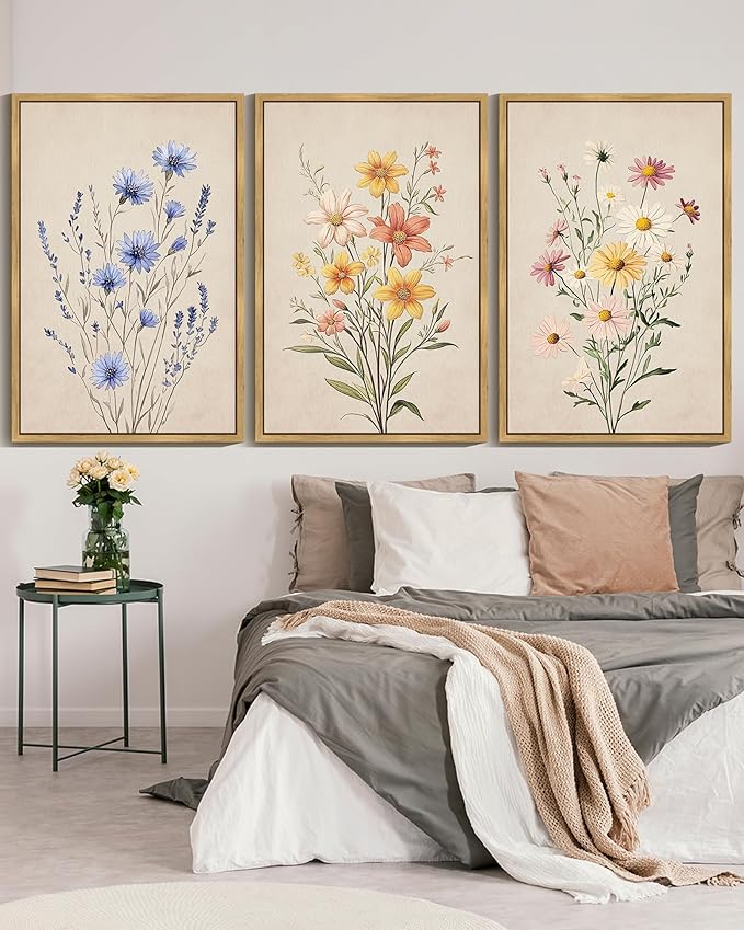 KUVIOKE Vintage Wildflower Bouquet Framed Wall Art Color Botanical Flower Wall Decor Modern Colorful Floral Hanging Decor for Living Laundry Dining 24x36in (Natural Framed)
