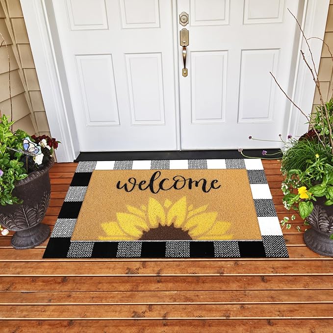 2 Pcs Fall Door Mat Sunflower Welcome Non Slip Coir Mats Autumn Floral Buffalo Plaid Floor Layering Doormats for Home Front Door Porch Entryway Decor
