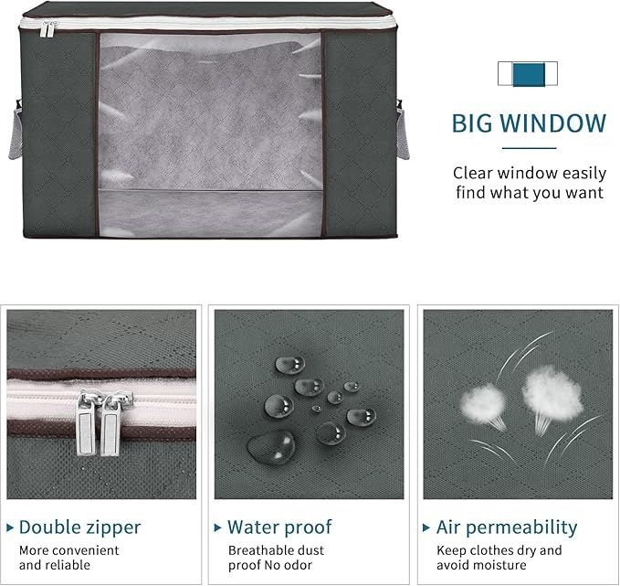 Large Storage Bags, 3 Pack Clothes Storage Bins Foldable Closet Organizers Storage Containers with Durable Handles Thick Fabric for Blanket Comforter Clothing Bedding 90 L (Gray)