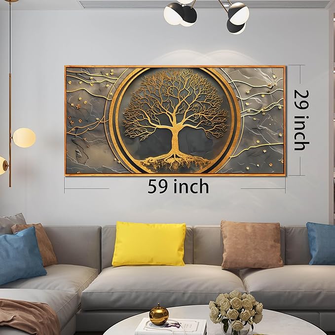 Tree Pictures Wall Art for Living Room - Gold Modern Wall Decor Office - Wooden Framed Wall Art Size 29" x 59"