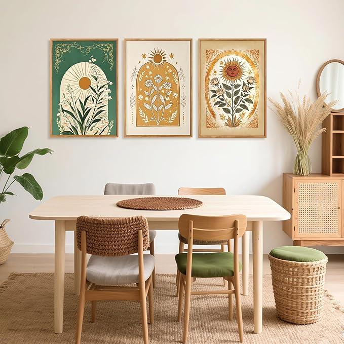 CHDITB Bohemian Sun Floral Framed Canvas Wall Art Set, Mystical Nature Wall Decor, Celestial Sun Art Prints, Vintage India Posters For Wall Modern Art Sunroom Living Room Office Art Prints 24"x36"x3