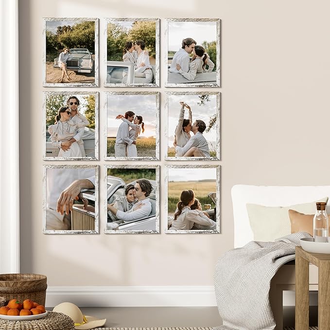 Vittanly 11x14 Picture Frames Set of 9, Shatter Resistant Plexiglass, Display 8x10 Pictures with Mat or 11x14 without Mat, Photo Frames for Wall or Tabletop, Engineered Wood, Distressed White