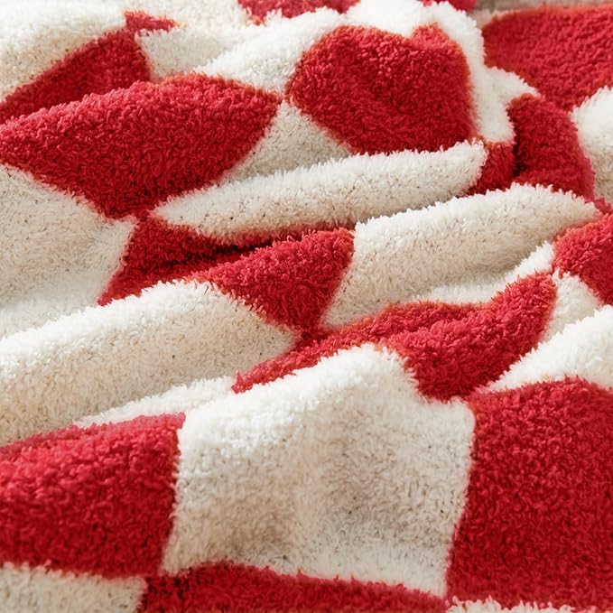 CozeCube Checkered Blanket, Ultra Soft Cozy Christmas Red and White Throw Blanket, Warm Cozy Knit Fuzzy Plush Checkerboard Throw for Couch Bed Sofa, 50"x60"
