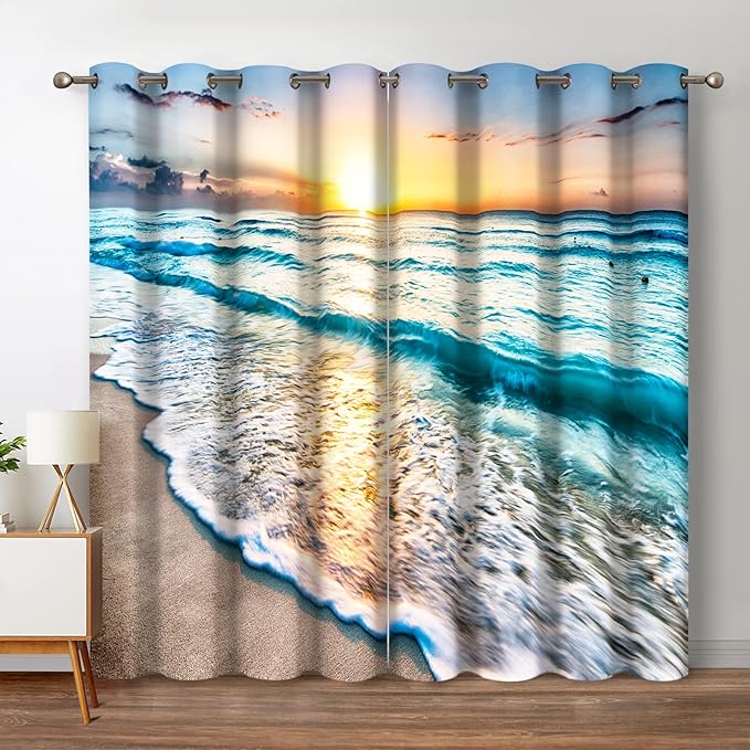 Jekeno Beach Ocean Waves Blackout Curtains Tropical Sea Sunrise Seaside Coastal Scenic Hawaiian Scenery Decor for Home Bedroom Living Room Darkening Grommet Window Drapes 2 Panel Set, 42"x84"