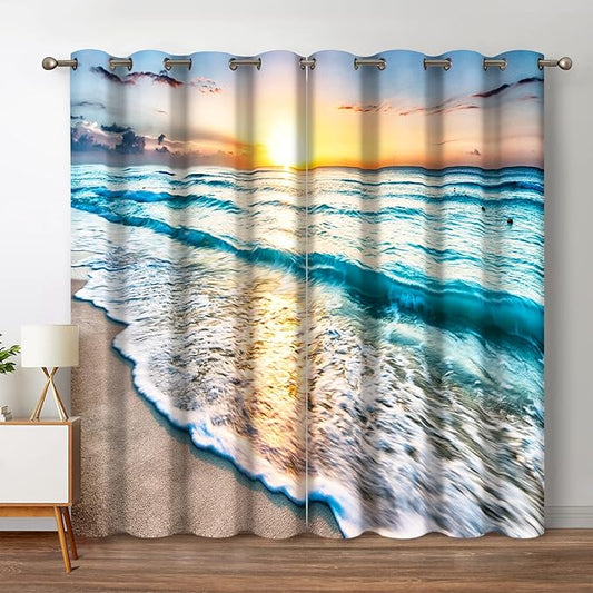 Jekeno Beach Ocean Waves Blackout Curtains Tropical Sea Sunrise Seaside Coastal Scenic Hawaiian Scenery Decor for Home Bedroom Living Room Darkening Grommet Window Drapes 2 Panel Set, 42"x63"