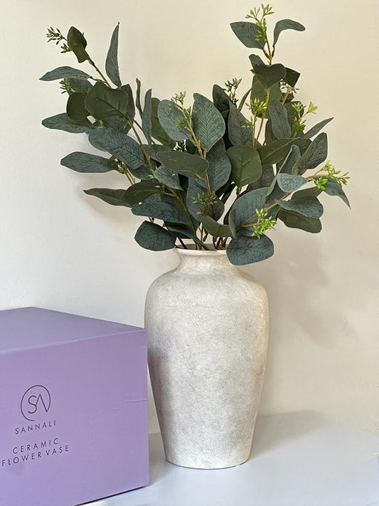 Luxury Large White Ceramic Tall Vase (11.2”) with 35.5” Faux Eucalyptus – Handmade Elegant Table Centerpiece for Rustic & Modern Decor – Gift Box Included