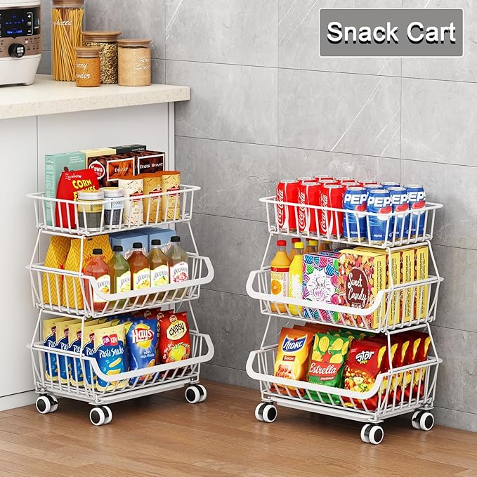 3-Tier Rolling Pantry Floor Organizer, Stackable Pantry Storage Cart with Wheels, Metal Wire Snack Baskets, Kitchen Fruit Basket Stand, Vegetable Storage Rack for Fruits Onions Potatoes Snacks, White
