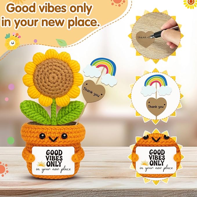 Crochet Sunflower Housewarming Gift – Good Vibes Only in Your New Place – Positive Affirmation Plush for Friend, Coworker, Roommate, New Home or Office Decor