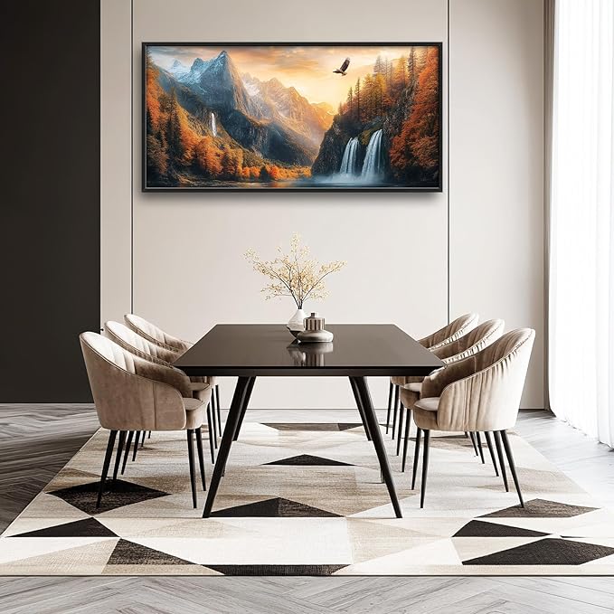 Large Mountain Waterfall Wall Art for Living Room, Forest Tree Canvas Wall Decor, Sunset Eagle Pictures Framed Painting, Natural Landscape Artwork for Bedroom Office 60L'' × 30W''