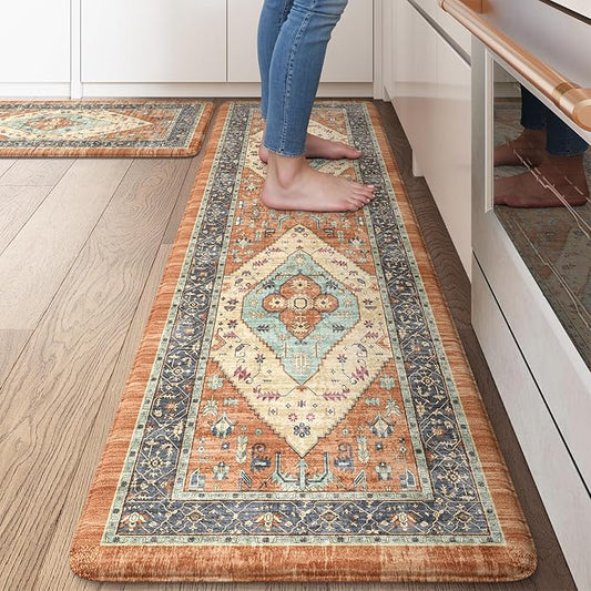 KIMODE Anti Fatigue Kitchen Mats for Floor, Boho Vintage Kitchen Rugs Sets of 2, Cushioned Kitchen Floor Mats Non Slip, Comfort Rugs for Kitchen Floor Sink Laundry Desk Orange 17.3"x29"+17.3"x59"