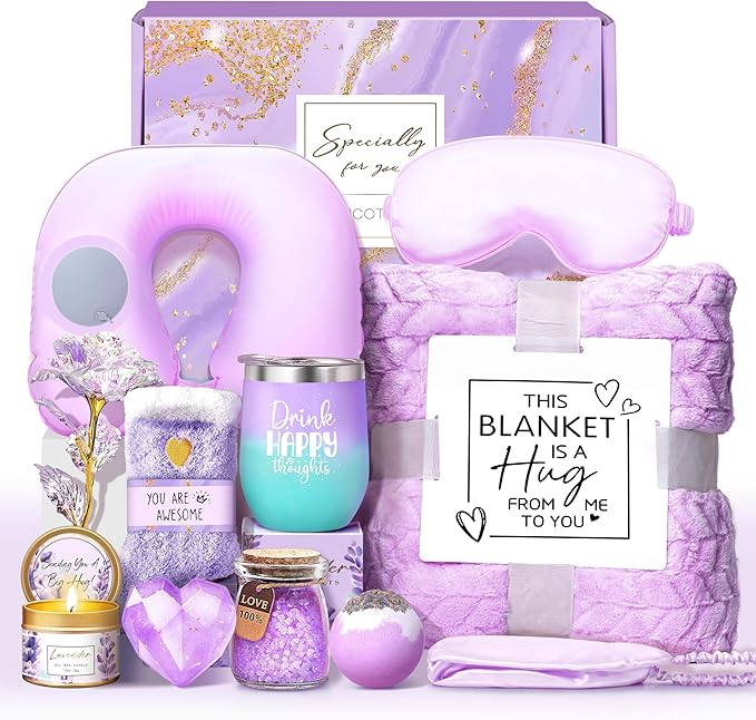 LUCOTIYA Birthday Gifts for Women, Self Care Gifts for Women Get Well Soon Gifts Basket, Lavender Relaxing Spa Gift Basket, Unique for Mom, Friends, Sister, Grandma